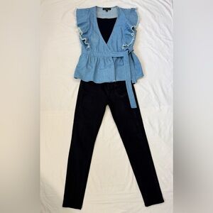 OUTFIT: Skinny pants with denim wrap shirt, spaghetti strapped shirt and bandana